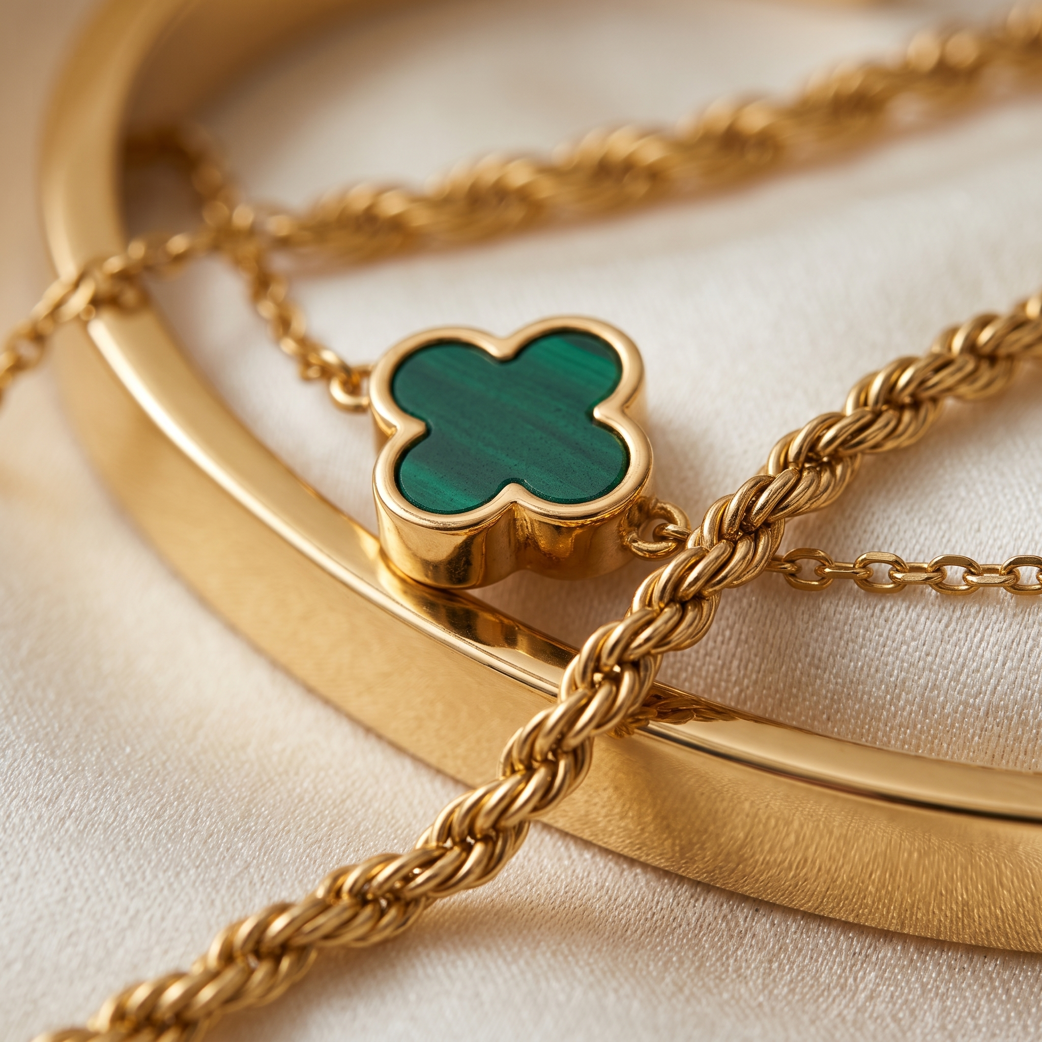 The Versailles Stack — macro detail of clover gemstone, rope chain and polished cuff