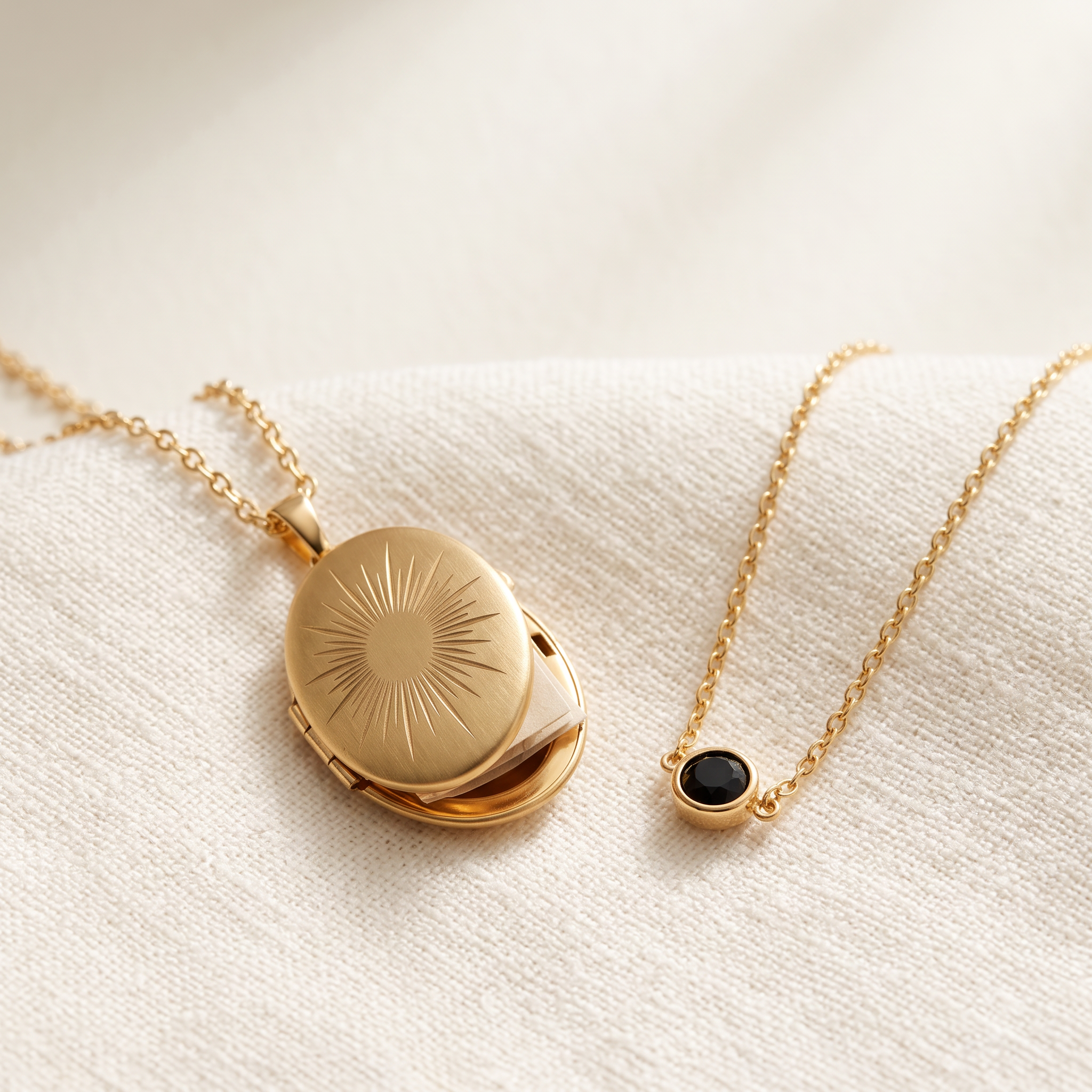 The Heirloom Gift Set — locket and birthstone necklaces on ivory linen